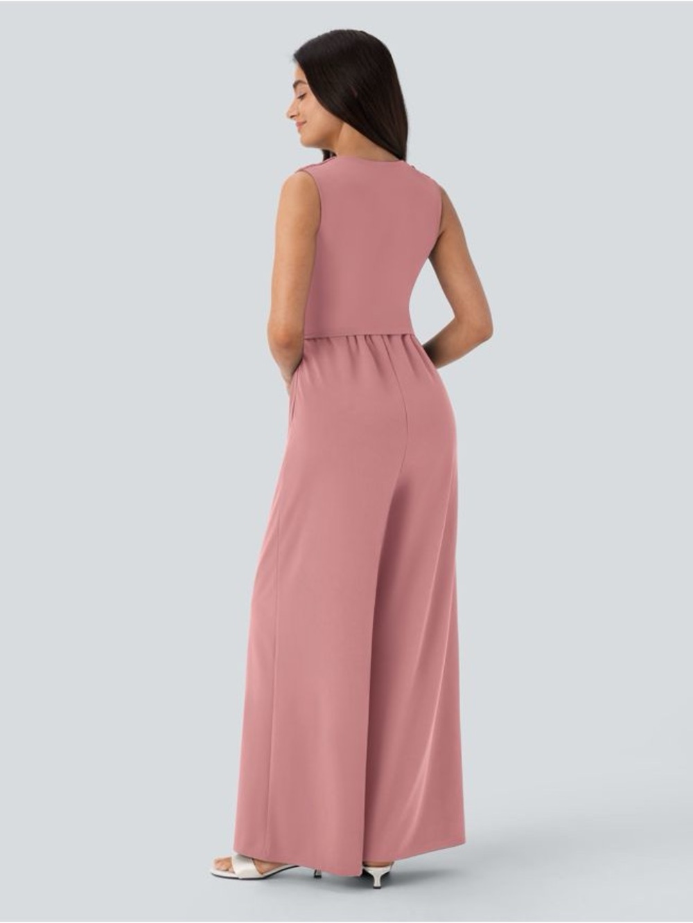 13HBB.- V Neck Sleeveless Ruched Pocket Jumpsuit-Easy Peezy. - Picture 2 of 5